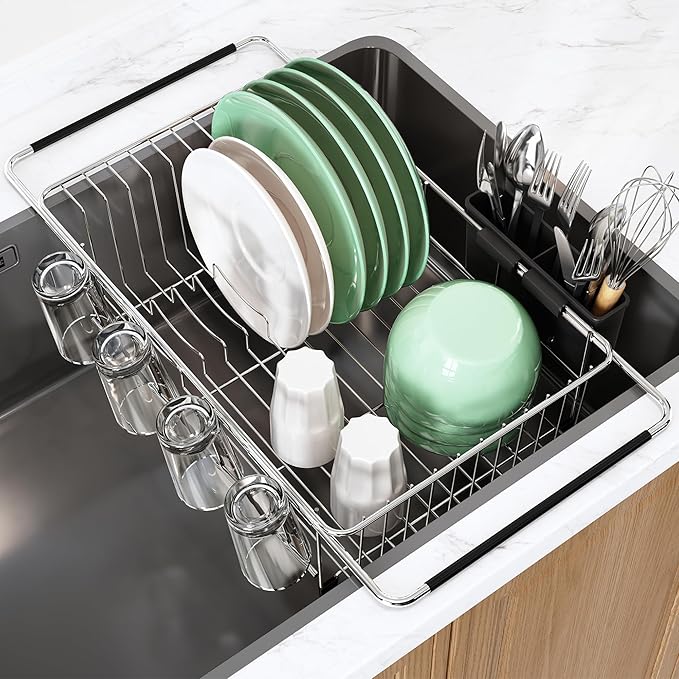 MAJALiS Dish Drying Rack in Sink - Small Dish Drainers for Kitchen Sink, Over The Sink Dish Racks with Utensil Holder, Stainless Steel Dish Rack in Sink, Silver-Ruum Studio Home