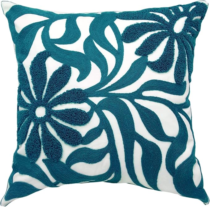 Alysheer Farmhouse Floral Leaves Embroidered Decorative Throw Pillow Cover 18x18 inches, Boho Tufted Flowers Embroidery Pattern Chic Cotton Cushion Case for Couch Bed Sofa Living Room(Teal Blue)-Ruum Studio Home