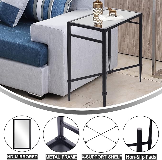 Black End Table, Rectangle Side Table with Mirrored Top, Modern Metal End Table, Small Narrow Side Table for Living Room, Balcony, 22" L x 12.4" W x 24" D-Ruum Studio Home