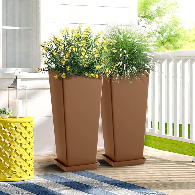 FENCY Set of 2 Tall Planters for Outdoor Plants, 24 Inch Large Tapered Pots with Drainage Trays, Weather-Resistant Plastic Plant Containers for Patio, Porch, Garden, Front Door Decor,Brown-Ruum Studio Home
