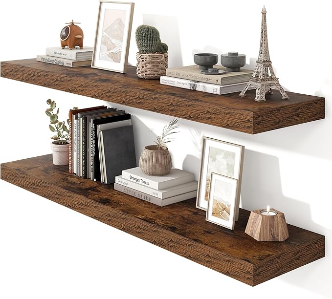 Heimlove 48" Floating Shelves for Wall,10 Deep Rustic Brown Wood Display & Storage Wall Shelves with Heavy Duty Brackets for Bathroom,Bedroom,Kitchen,Living Room,Office,Set of 2-Ruum Studio Home