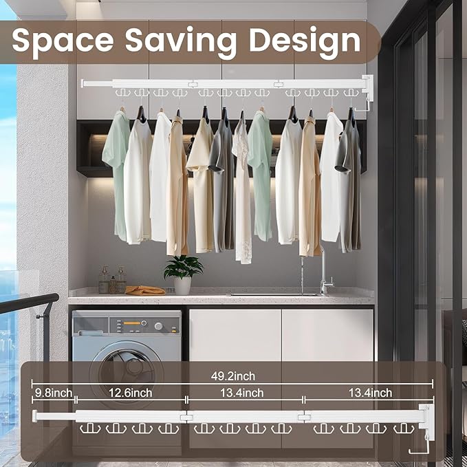 Clothes Drying Rack Wall Mounted, Retractable Drying Racks for Laundry, Foldable Drying Rack With 12 Hooks, Sturdy Tri-Fold Wall Mounted Space Saver for Laundry Room Balcony Bathroom - 49.8", White-Ruum Studio Home