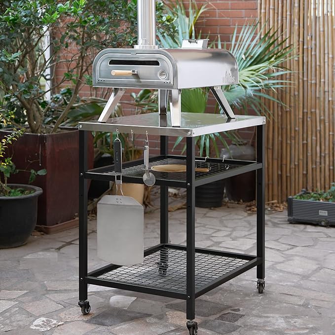 Stainless Steel Grill Cart with Cover Pizza Oven Stand with Water-Proof Cover Trolley Table with Wheels Three-Shelf Movable Food Prep and Work Cart Table Heavy Duty Grill Cart Outdoor 31.5"×24"×35.5"-Ruum Studio Home