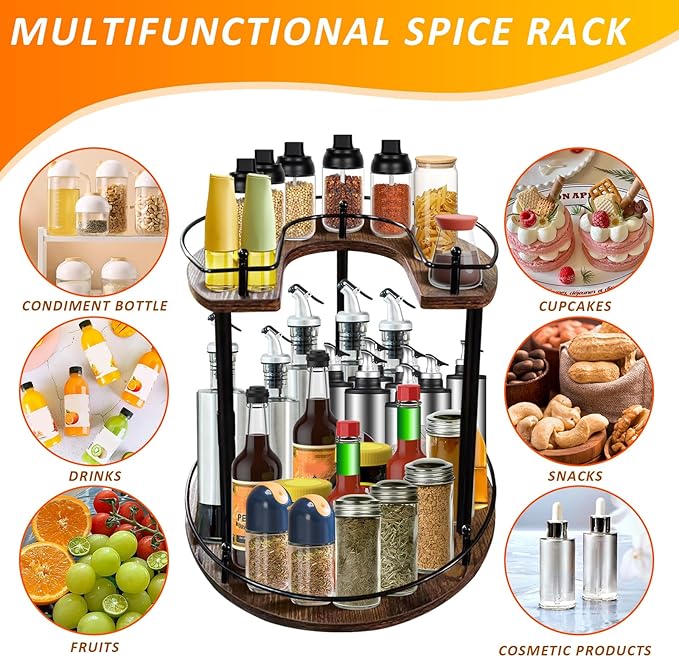 2-Tier Lazy Susan Organizer, Rotating Spice Rack with Stable Carousel Base & 4 Height Settings, Spice Rack Organizer for Cupboard Kitchen Countertop Dining Table-Ruum Studio Home
