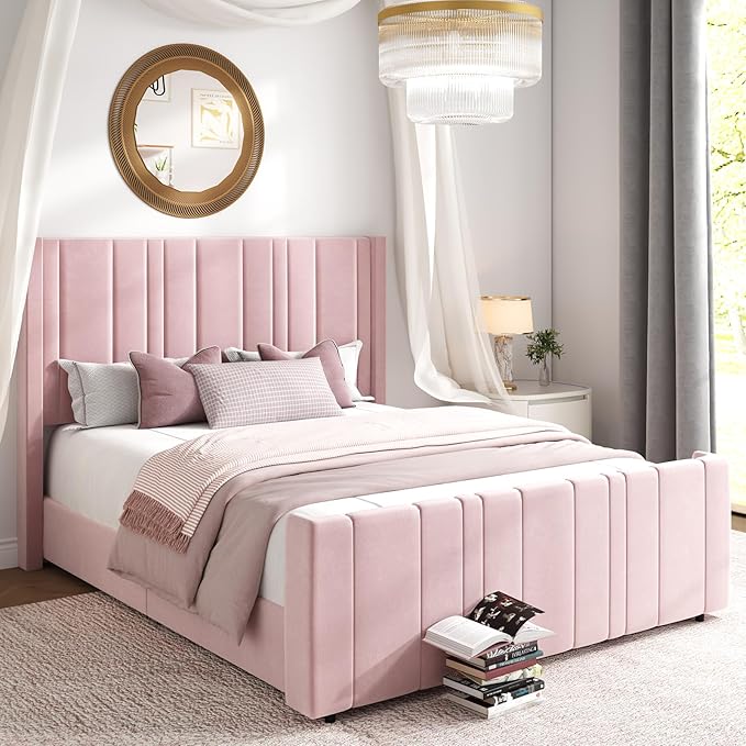 HOMBCK Pink Full Size Bed Frame Upholstered Bed with Velvet Tufted Headboard & Footboard, Mattress Foundation/Wooden Slats/Noise Free/No Box Spring Needed/Easy Assembly-Ruum Studio Home