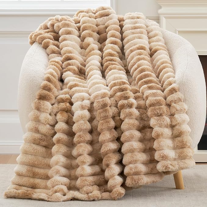 Cozy Bliss Faux Fur Throw Blanket for Couch, Cozy Warm Plush Striped Blanket for Sofa Bedroom Living Room, 50 * 60 Inches Tie-dye Kahki-Ruum Studio Home