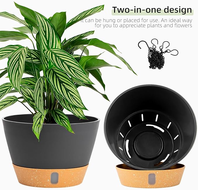 QCQHDU 2 Pack Hanging Planters for Indoor Outdoor Plants, 10 Inch Hanging Baskets Flower Pots with Reservoir Tray & Visible Water-Level-Ruum Studio Home