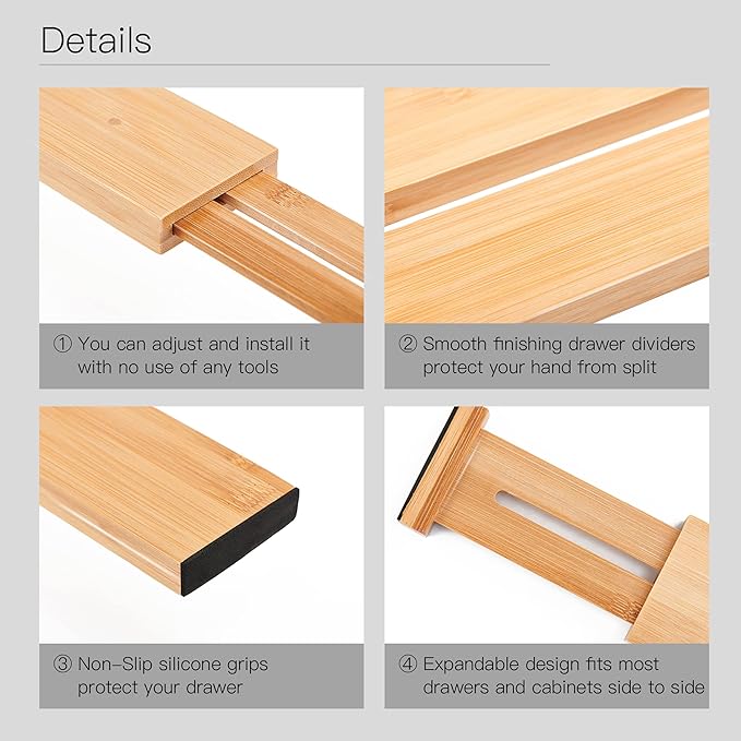 Utoplike Small Bamboo Kitchen Drawer Dividers(Fits 15"-17.7" Drawer Inner Size), 4 PCS Adjustable Drawer Organizers for Socks, Spring Loaded, Works in Drawer for Bedroom, Dresser-Ruum Studio Home