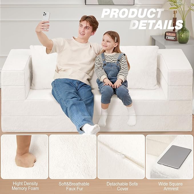Folding Bean Bag Chair for Adults,3-in-1 Bean Bag Couch Faux Fur Floor Sofa Large Beanbag Convertible Bean Bag Sofa Bed with Pillow in Bedroom,Living Room,Apartment(Queen,Milky White)-Ruum Studio Home