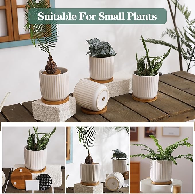 TAMAYKIM 4 Inch Ceramic Plant Pots with Drainage Holes, Modern Flower Planter with Saucer for Indoor Plants, Succulent, Cactus & Herbs, White, Set of 4 (Plants Not Included)-Ruum Studio Home