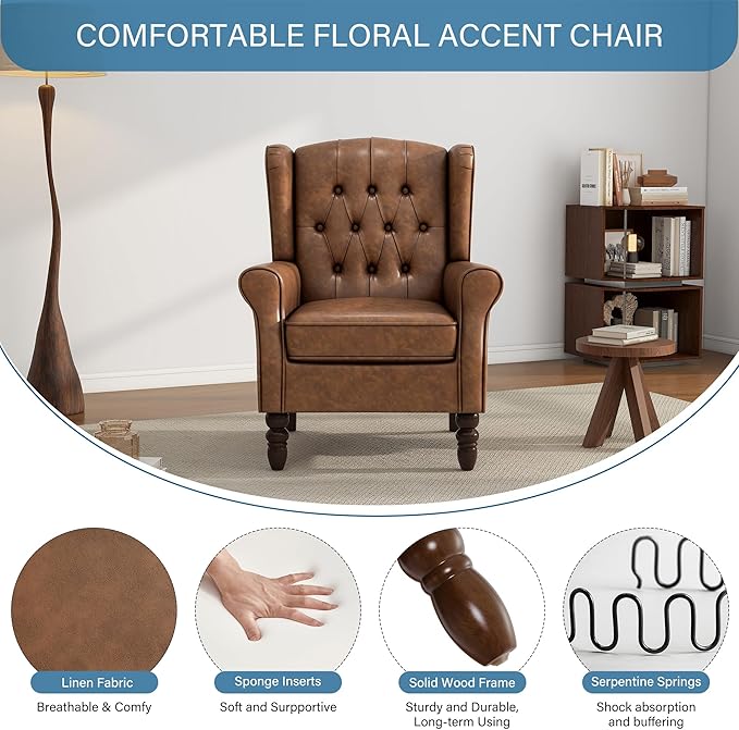 UIXE Faux Leather Accent Chairs Set of 2, High Back Upholstered Armchair for Living Room, Wingback Tufted Arm Chair Comfy Single Sofa Bedroom Reading Seat with Solid Wood Legs - Brown-Ruum Studio Home