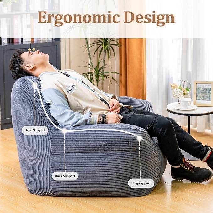 Giant Bean Bag Chair, Faux Fur Bean Bag Chair for Adults, Fluffy and Comfy Bean Bags with Filler, Big Bean Bag Sofa Chair for Reading, Gaming, Stuffed High-Density Foam, Grey-Ruum Studio Home