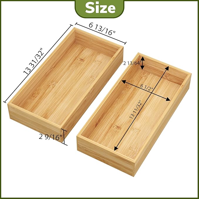 BAMEOS Deep Utensil Drawer Organizer, Bamboo Silverware Organizer for Kitchen Drawer Storage Flatware Junk Cutlery Jewelry 14"x 6.8" Set of 2 (Natural)-Ruum Studio Home