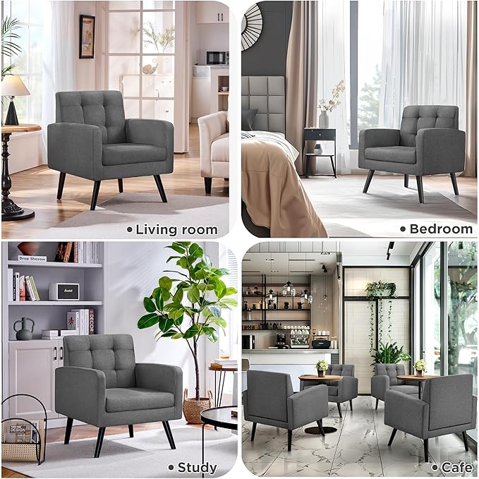 Yaheetech Modern Living Room Chair, Mid-Century Armchair Button Tufted Back and Wood Legs, Vintage Lounge Chair for Bedroom/Home Office/Study, Gray-Ruum Studio Home