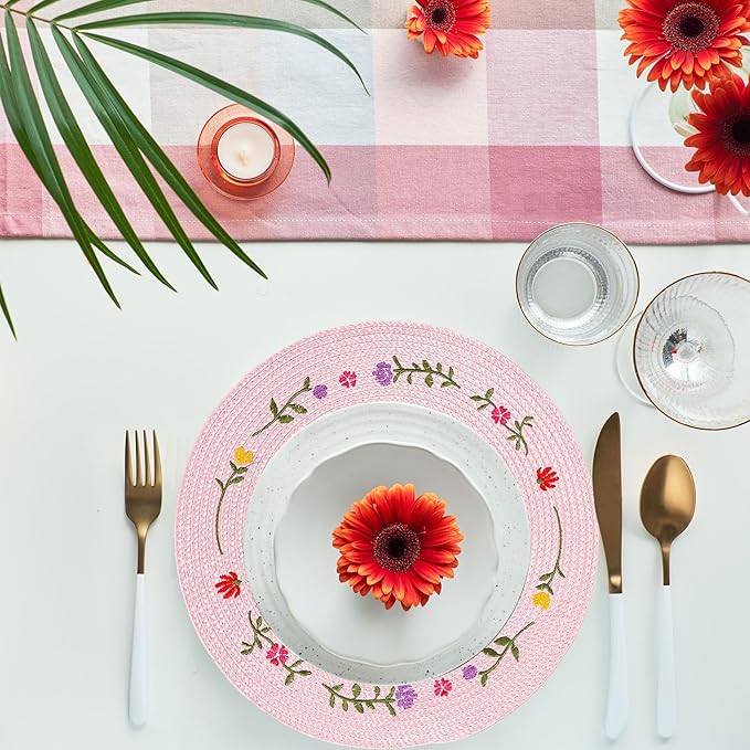 Whaline 4Pcs Round Placemats Spring Flower Embroidered Place Mats Pink Floral Dinner Table Mats for Home Holiday Wedding Bridal Baby Shower Birthday Party Decor-Ruum Studio Home
