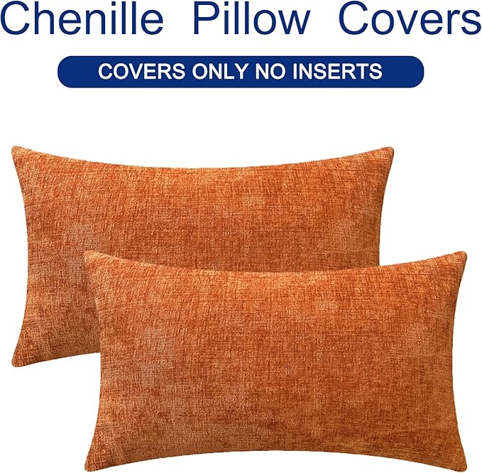 CaliTime Fall Throw Pillow Covers Decorative 12 X 20 Inches Pack of 2 Cozy Chenille Cushion Cases for Couch Sofa Bed Living Room Home Burnt Orange-Ruum Studio Home