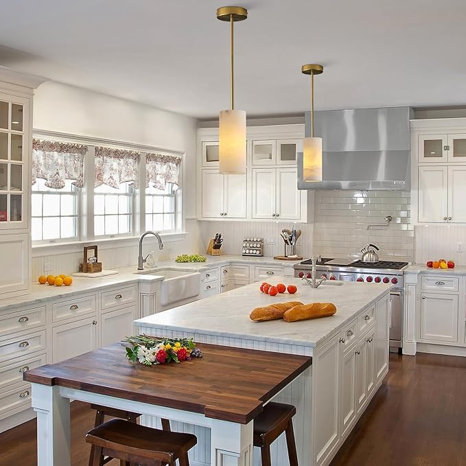 Alabaster Pendant Light Kitchen Island, H-9.5in Brass Pendant Light Fixtures with Natural Marble Shade, Adjustable Ceiling Pendant for Dining Room, Living Room, Bedroom & Bathroom-Ruum Studio Home