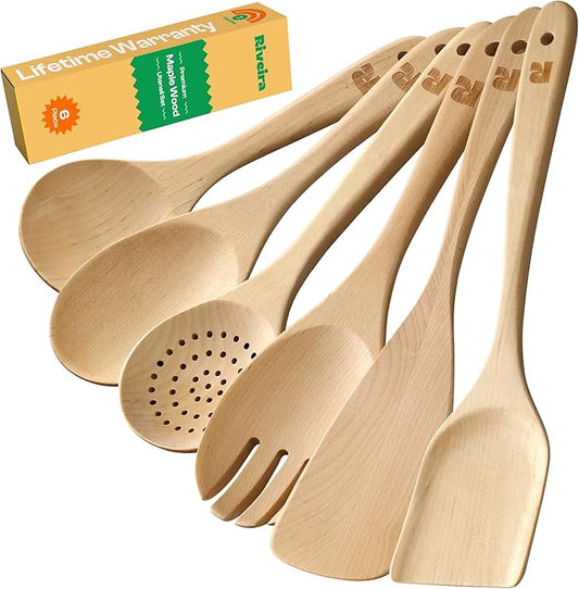 Riveira Maple Wooden Spoons for Cooking Set of 6 – Natural Maple Wooden Cooking Utensils, Wooden Spatula, Wooden Spoon - Premium Quality Wooden Utensil Set for Non-Toxic Cooking-Ruum Studio Home