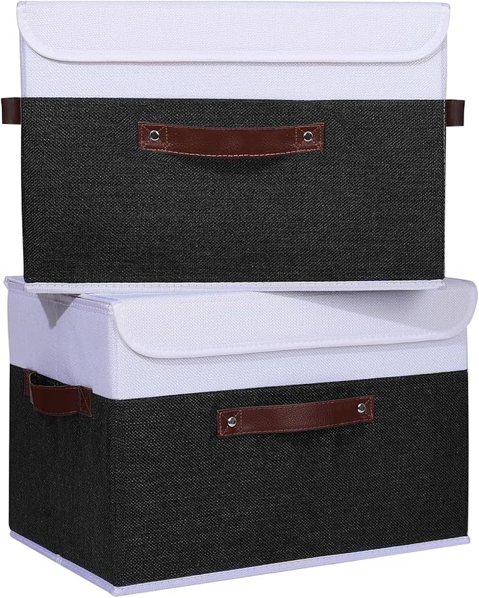 ANMINY 4PCS Storage Boxes with Lid Washable Decorative Storage Bins Basket with PU Leather Handle Foldable Linen Fabric Storage Cubes Containers for Home Closet Organizer - Black White, Large Size-Ruum Studio Home