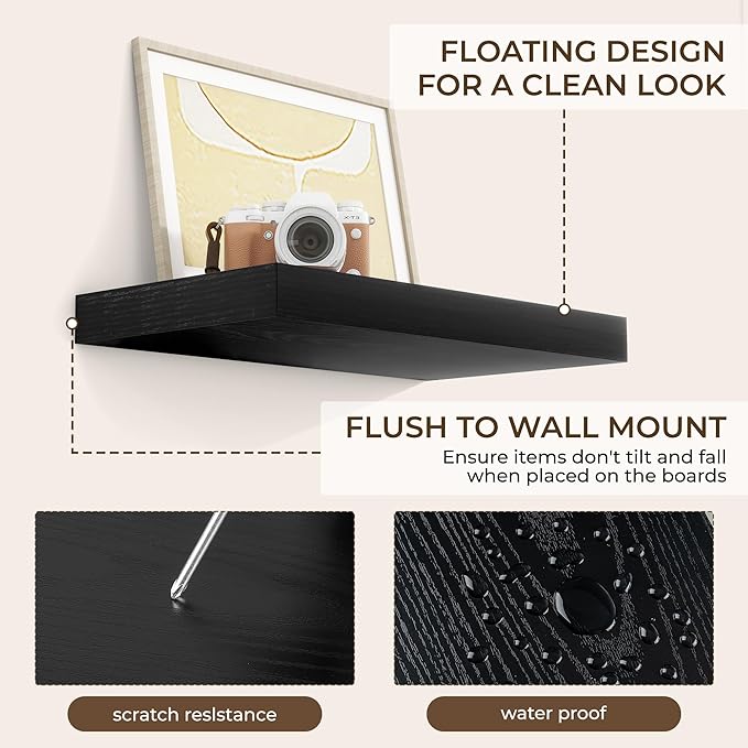 RICHFOCUS 16Inch Floating Shelves for Wall 2 Pack Shelves for Bedroom|Kitchen|Bathroom Wall Mounted Rustic Wood Floating Shelf with Invisible Brackets for Books|Storage|Decor, Black-Ruum Studio Home