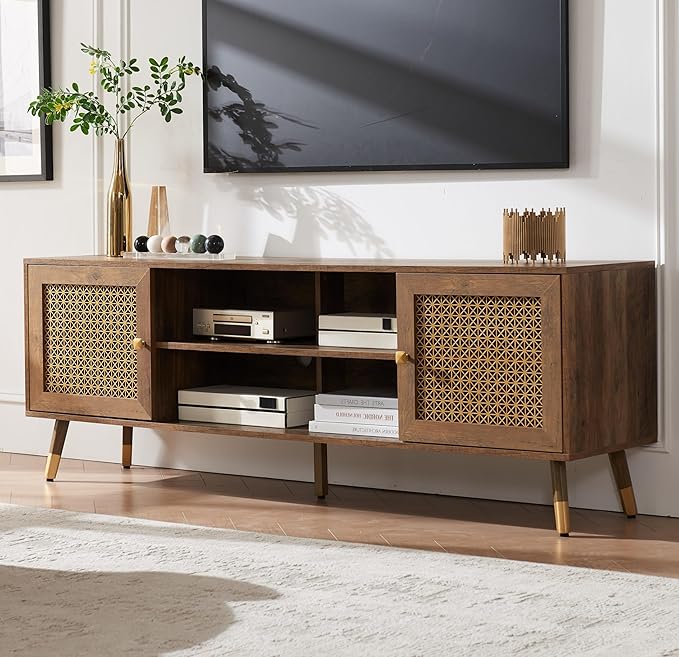 JYED Mid Century Modern TV Stand and Console for TVs Up to 75 inch - Rustic Oak Entertainment Center, 2 Gold Metal Mesh Doors & MDF Wood Grain, 15.8" D x 66" W x 23.5" H-Ruum Studio Home