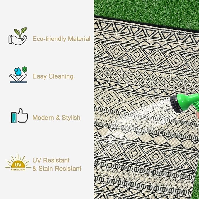 GAOMON Outdoor Rug for Patio Clearance 5x8 Reversible Plastic Straw Patio Rug for Camping Stain & UV Resistant RV Mats for Porch, Deck, Backyard, Camper, Balcony, Picnic, Black&Brown-Ruum Studio Home