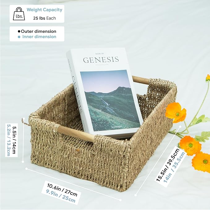 Large Natural Wicker Basket Rectangular with Wooden Handles, Seagrass Storage for Organizing, Shelves 15.5 x 10.6 x 5.5 inches-Ruum Studio Home