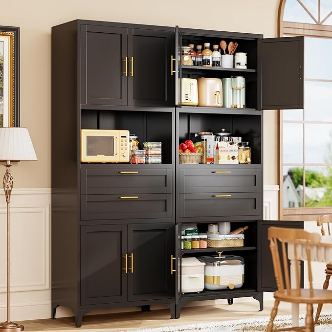 75” Tall Kitchen Pantry Storage Cabinet, Metal Storage Cabinet with 2 Drawers and Adjustable Shelves, Kitchen Pantry Cupboard, Freestanding Cupboard for Bathroom, Living Room(Black)-Ruum Studio Home
