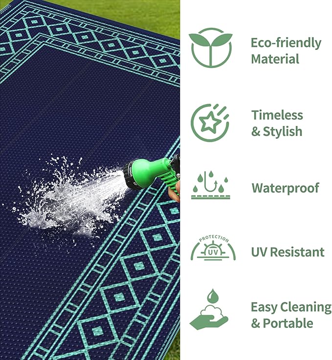 GENIMO Outdoor Rug Waterproof 6'x9' for Patio, Foldable Reversible Plastic Straw Carpet, Outside Area Mat for Patios, Rv, Deck, Picnic, Porch, Camper, Balcony, Beach, Navy Blue & Jade Green-Ruum Studio Home