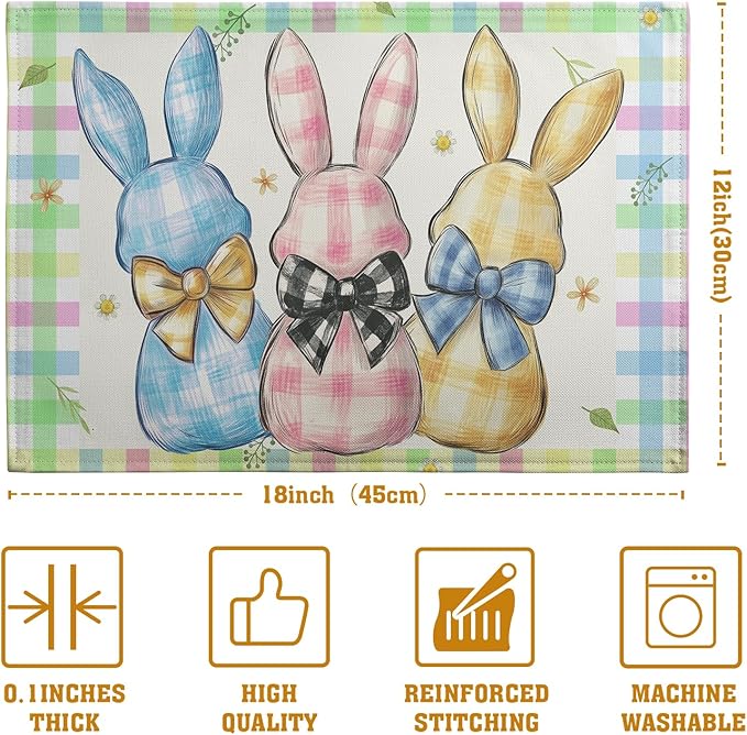 Easter Bunny Placemats Set of 4 Green Blue Pink Yellow Buffalo Plaid Rabbits Floral Bow Place Mats 12x18 Inch Happy Easter Table Mats for Spring Party Kitchen Dining Holiday Decor-Ruum Studio Home