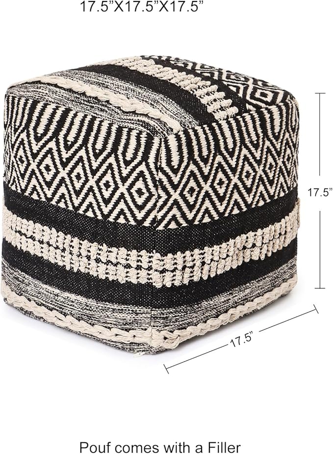 REDEARTH · Tufted Pouf Ottoman with Filler Textured Storage Cube Bean Bag Pouffe Footrest for Living Room, Bedroom, Nursery, Kidsroom; 100% Cotton (17.5"X17.5"X17.5", Char Delineate Black)-Ruum Studio Home