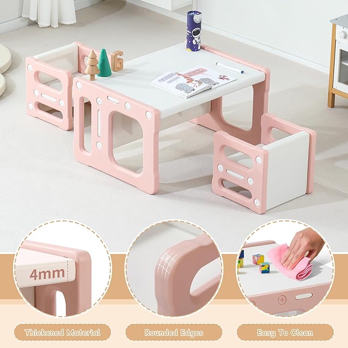 3 in 1 Montessori Weaning Table and 2 Chairs Set, Kids Desk and Chair Set, 2 Height Levels, Toddlers Activity Table for Drawing, Dining, Reading and Playing, Pink-Ruum Studio Home