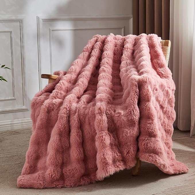 Lotus Karen Faux Fur Blanket - Old Pink Twin Size, Big Bubble Rabbit Fluff Blanket for Couch, 60x80 Inches-Ruum Studio Home