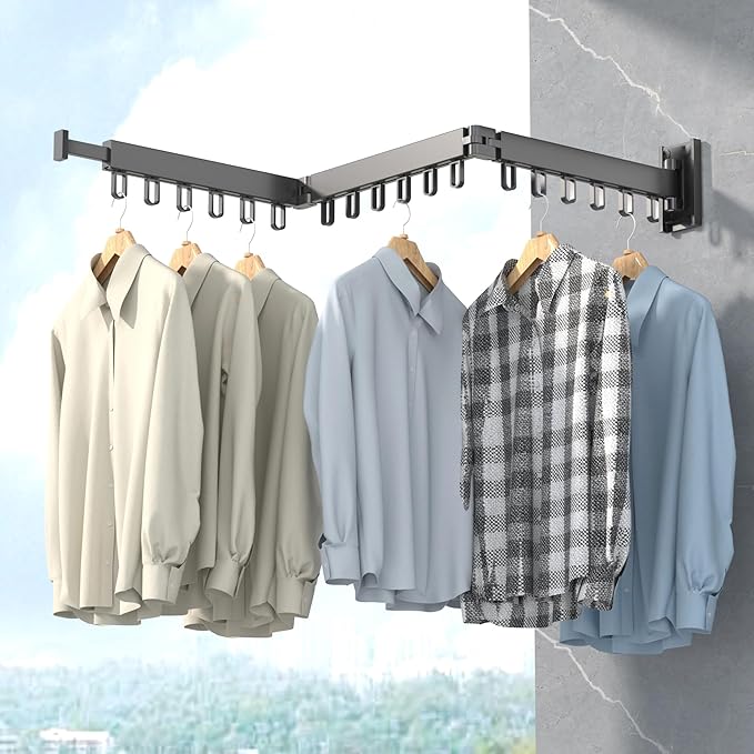 Space Saver Clothes Drying Rack, Wall Mounted, Retractable, Collapsible(Tri-Fold), for Balcony, Bathroom, Black Color-Ruum Studio Home
