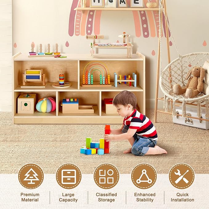 wingyz Wooden Storage Cabinet, 5-Section Montessori Bookshelf, Kids Toy Storage Organizer Book Shelf for Kids Rooms, Classroom, Playroom, Nursery, Preschool Book Shelves-Ruum Studio Home