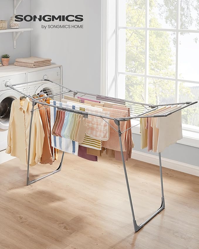 SONGMICS Clothes Drying Rack Foldable, Gullwing Laundry Drying Rack, Space-Saving, 22.2 x 68.1 x 38 Inches, Sock Clips, Metal Structure, for Clothes, Towels, Linens, Indoor, Outdoor Gray ULLR518G01-Ruum Studio Home