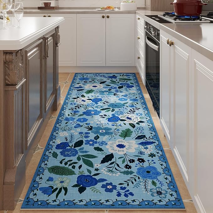 Runner Rug for Hallways Kitchen Rug Non Slip 2'x 6' Washable Runner Rugs with Rubber Backing Soft Floral Carpet Runner for Hallways, Kitchen, Laundry, Bedroom, Bathroom(Blue)-Ruum Studio Home