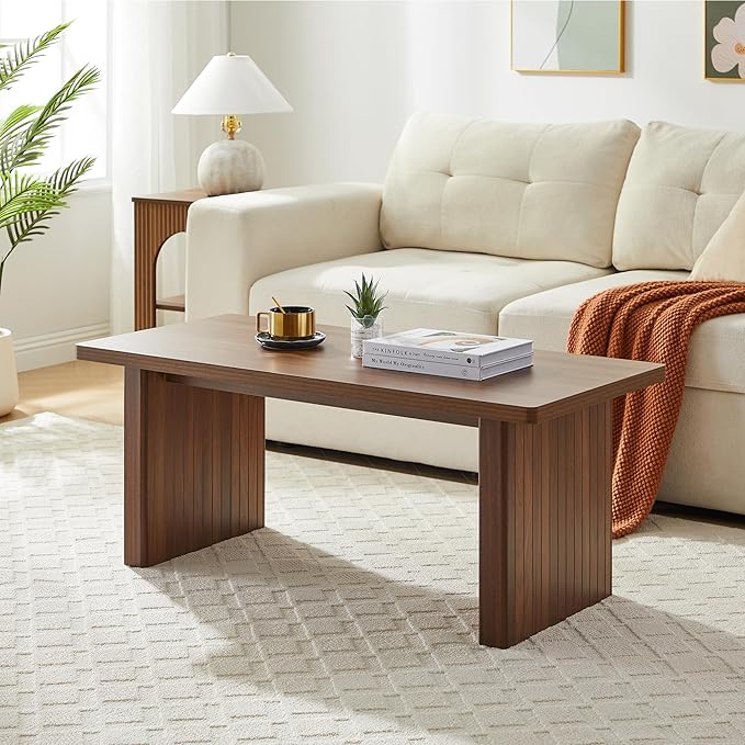 Rectangular Fluted Coffee Table, Farmhouse Wood Coffee Table Mid Century Modern Center Table Boho Living Room Tables for Living Room Office (Walnut, 19.69" D x 43.3" W x 17.72" H)-Ruum Studio Home