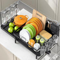 Dish Drying Rack for Kitchen Counter, Expandable Large Capacity Dish Rack with Drainboard, Wine Glasses Holder, Space Saving Organizer, Black-Ruum Studio Home
