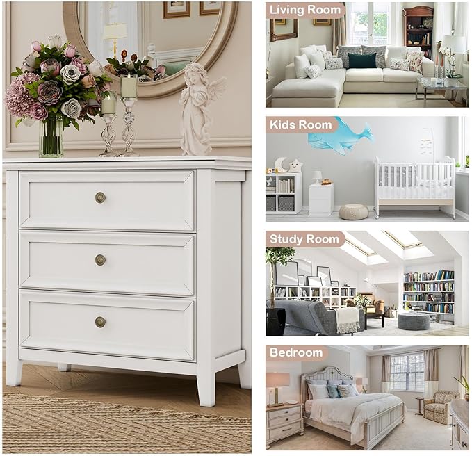 BLANKSPACE White Dresser, 3 Chest Drawer Dresser for Bedroom, Large Capacity Nightstand, Modern Wood Cabinet for Bedroom, Living Room, Closets-Ruum Studio Home