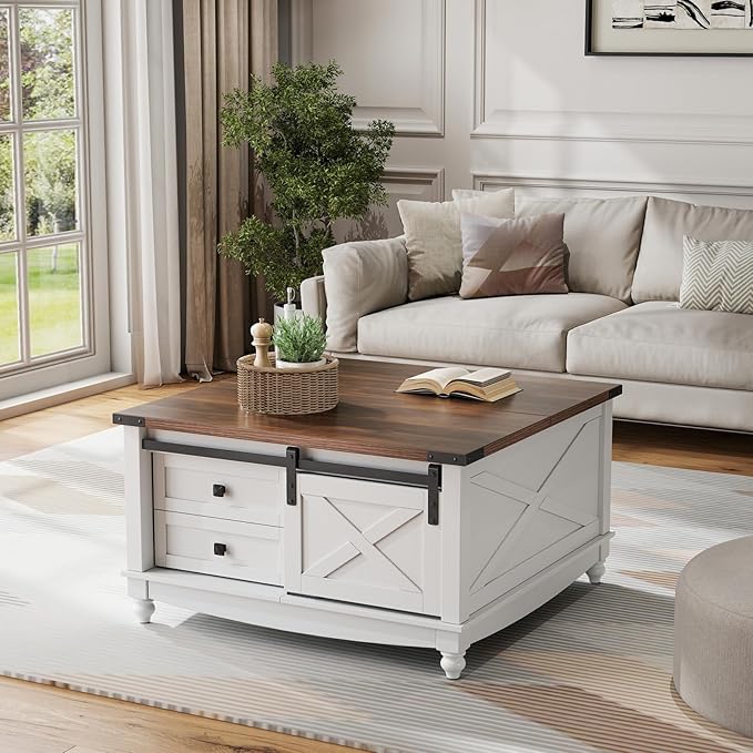 31.5" Lift Top Coffee Table with Storage, Farmhouse Coffee Tables for Living Room, Square Coffee Table with Large Hidden Storage Compartment, 2 Drawers & Removable Shelves, White-Ruum Studio Home