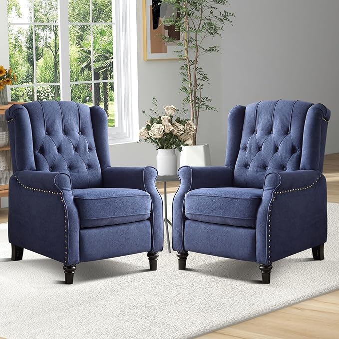 EBELLO Pushback Recliner Chair, Fabric Armchair Push Back Recliner with Rivet Decoration, Single Sofa Accent Chair for Living Room, Bedroom, Navy Blue-Ruum Studio Home