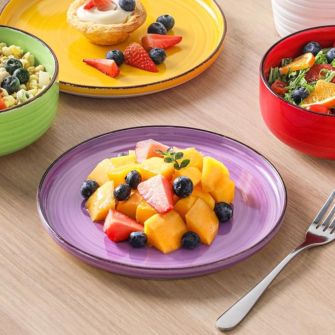 vancasso Bonita Stoneware Dinnerware Sets, 12 Pieces Dishes Set，Polished Round Plates and Bowls Set for 4, Dishwasher and Microwave Safe, Multicolor-Ruum Studio Home