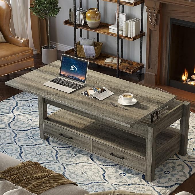 Rolanstar Coffee Table, 47.2" Lift Top Coffee Table with Drawers and Hidden Compartment, Retro Central Table with Wooden Lift Tabletop, for Living Room, Washed Oak-Ruum Studio Home