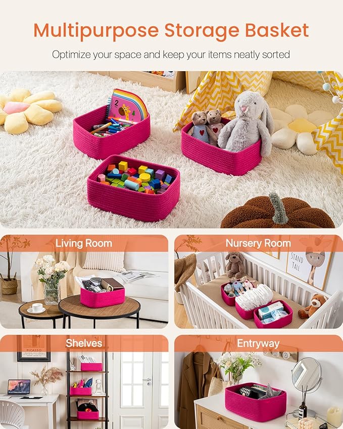 KALLAX Small Woven Basket, 12 x 8 x 4.5 Inches, Storage Basket for Organizing, Cute Small Rope Shelf Closet Cube Storage Bins Baskets for Shelves, Dog Toy Gift Baskets Empty, 3 Packs, Hot Pink-Ruum Studio Home