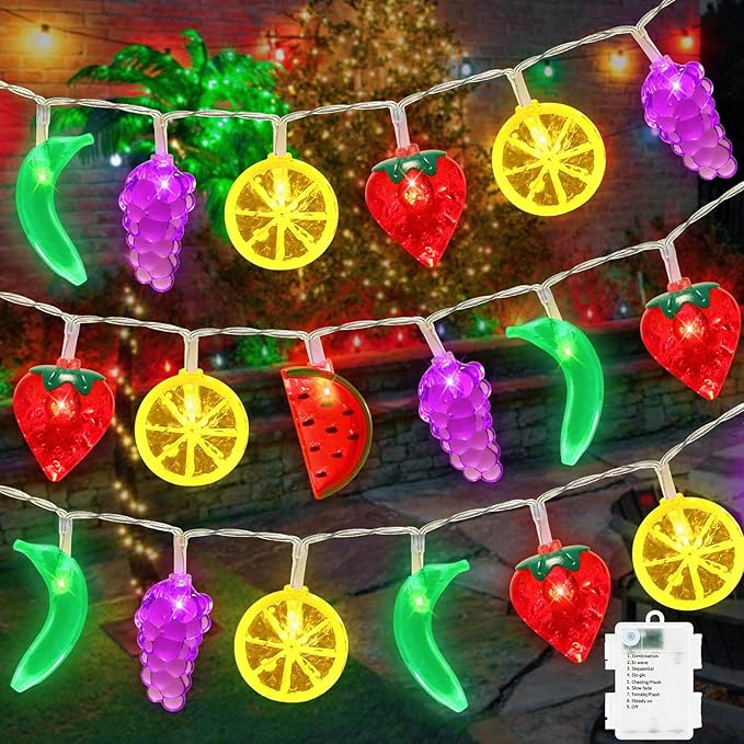 Couah [ 8 Modes & Timer ] 30 LED 16 Ft Summer Tropical String Lights Strawberry Grape Watermelon Lemon Banana Fairy Lights Battery Operated for Tropical Party Pool Beach Summer Decorations-Ruum Studio Home