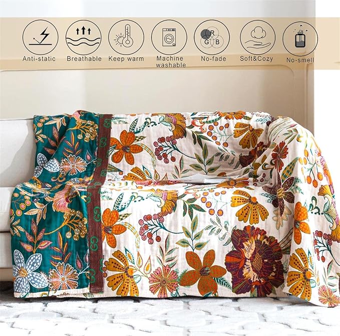 Summer Throw Blanket for Couch Bed Chair, 100% Cotton Muslin Breathable Woven Throws 60''x 80'' Boho Vintage Quilt for All Seasons Warm Lightweight Farmhouse Blankets Home Decoration-Ruum Studio Home