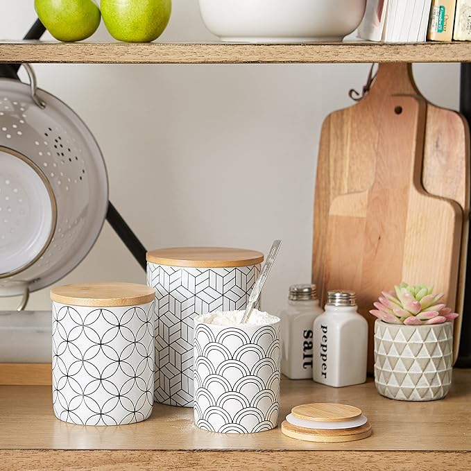 DII Kitchen Ceramics Collection, Canister Set, Mixed Print, White/Black, 3 Piece