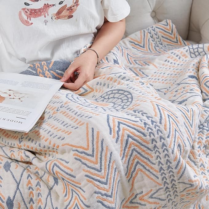 jinchan Boho 100% Cotton Muslin 50x60 Throw Blanket Lightweight 4-Layer Orange Multi Reversible Blanket Washable Breathable Decorative Geometric Striped Pattern Soft Comfy for Couch Bed All Seasons-Ruum Studio Home