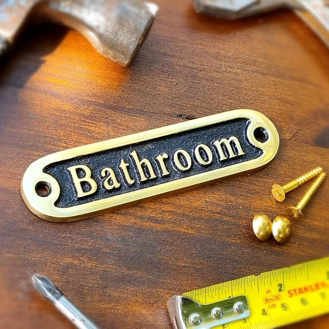 Bathroom Brass Door Sign. Traditional Style Home Décor Wall Plaque Handmade By The Metal Foundry UK.-Ruum Studio Home